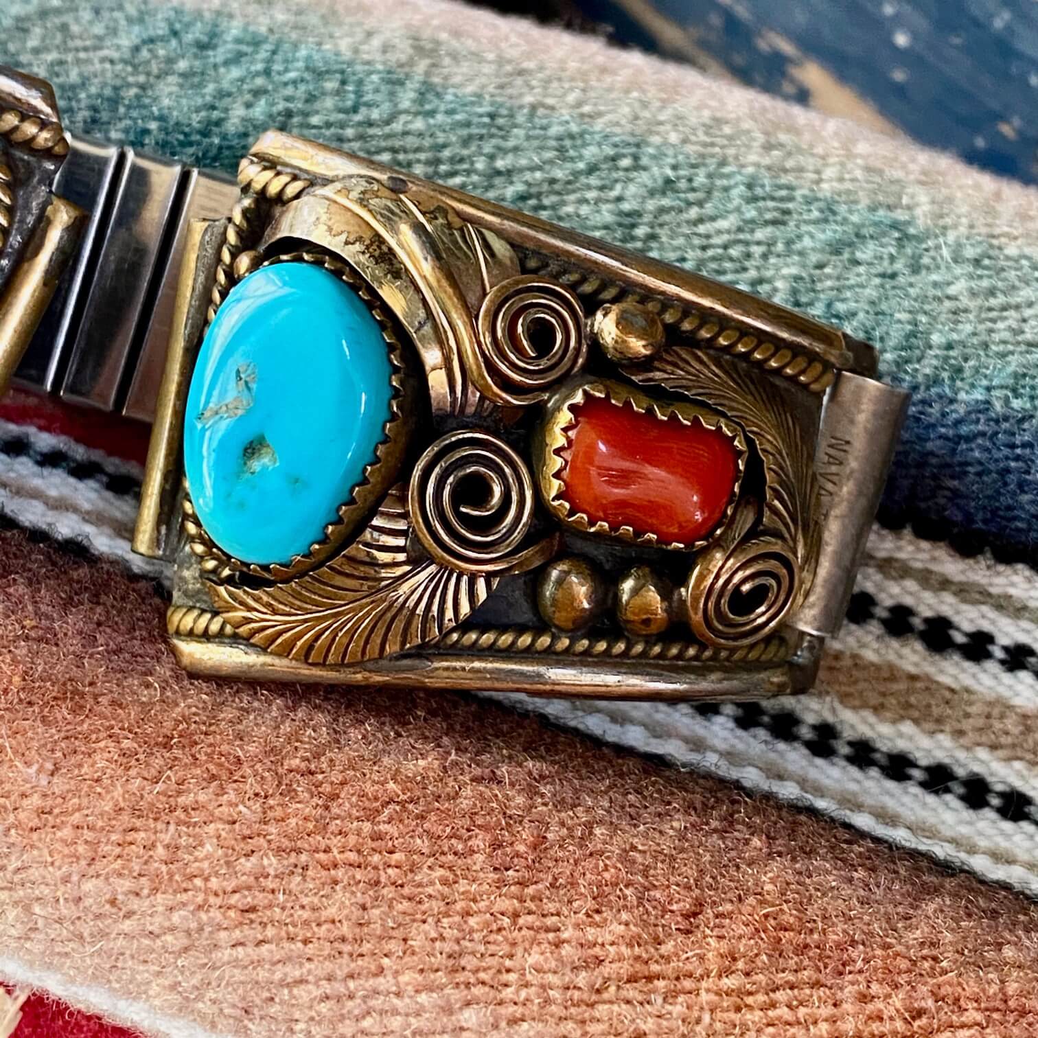 Navajo Gold Sterling Silver Turquoise Watch Band Vintage
