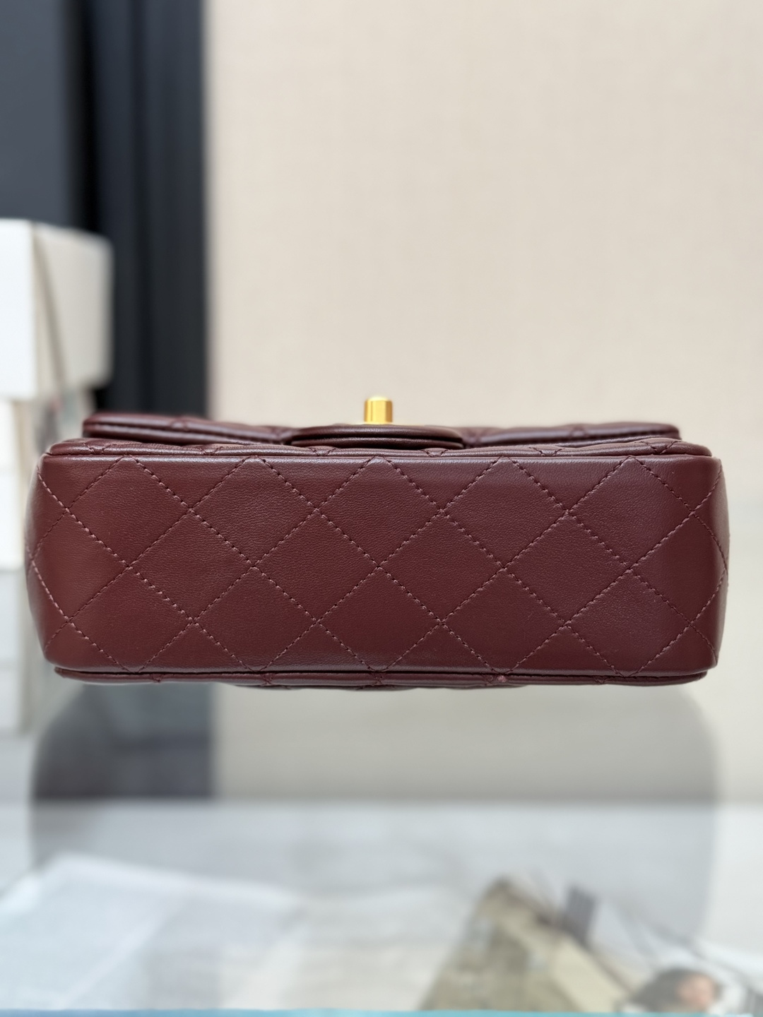 Classic Flap Large Mini (20cm) Bag (AS1787) in Burgundy Quilted Lambskin with Antique Gold-Tone Hardware & Globe Adjustable Gold Ball - Mocuir