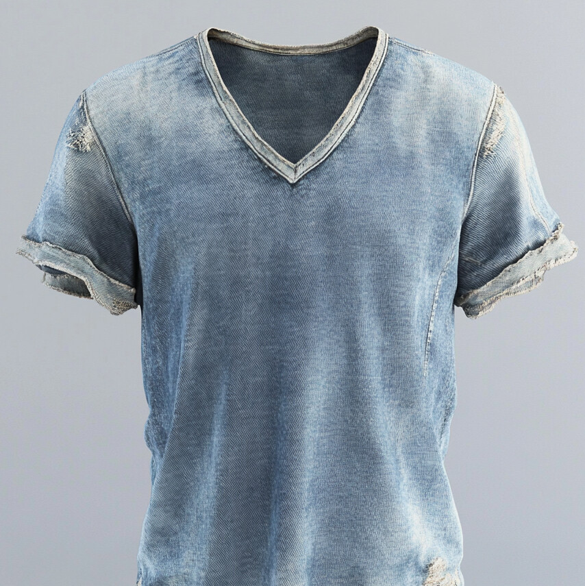 Men's Distressed Denim Ripped V Neck Short Sleeve T-Shirt