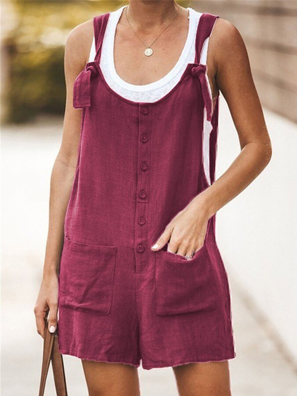 Ladies Spring/Summer Solid Color Round Neck Button Loose Short Jumpsuit