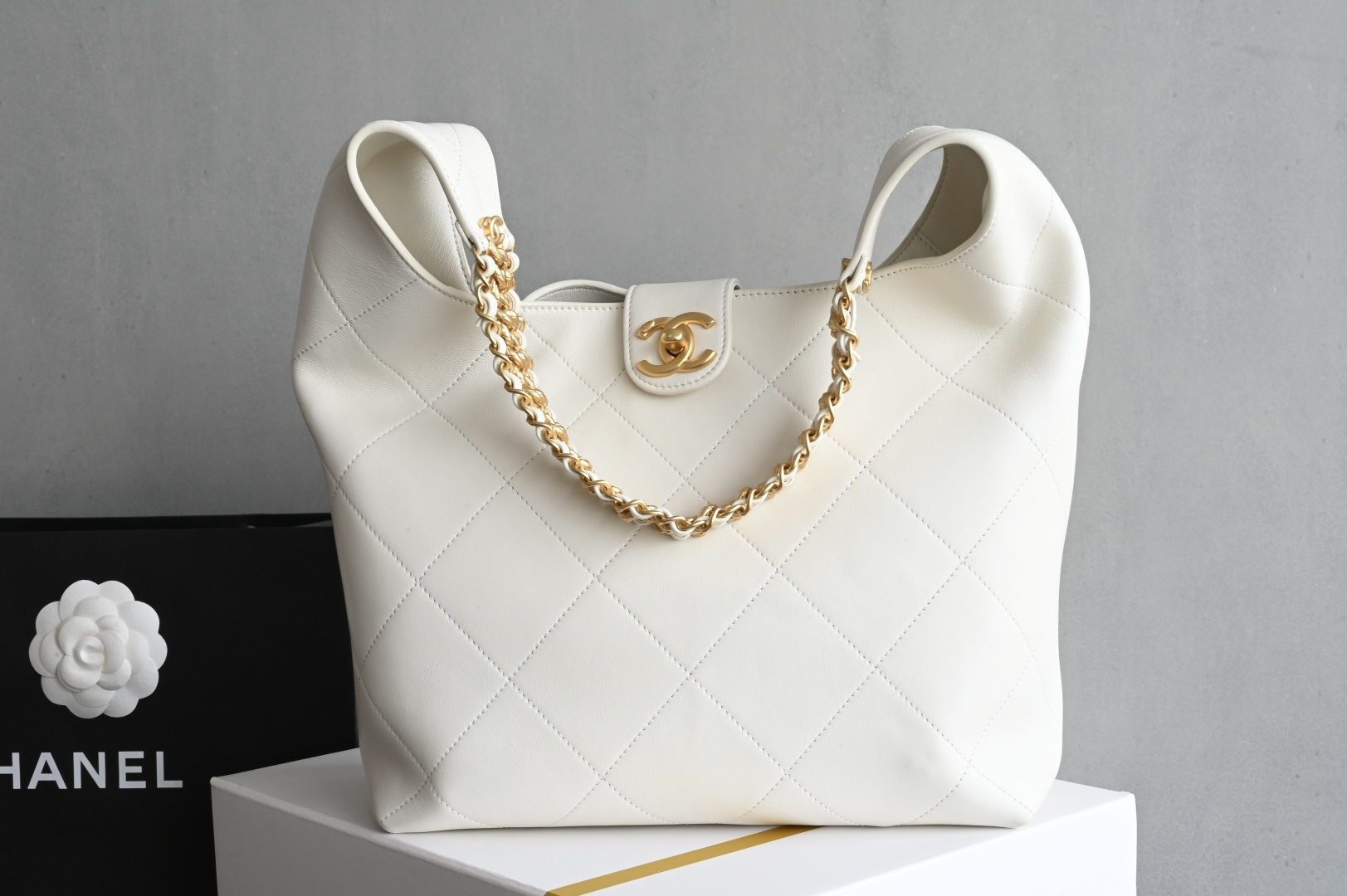 MAXI HOBO Bag in White Shiny Lambskin with Gold-Tone Hardware (Model AS5838) - Mocuir