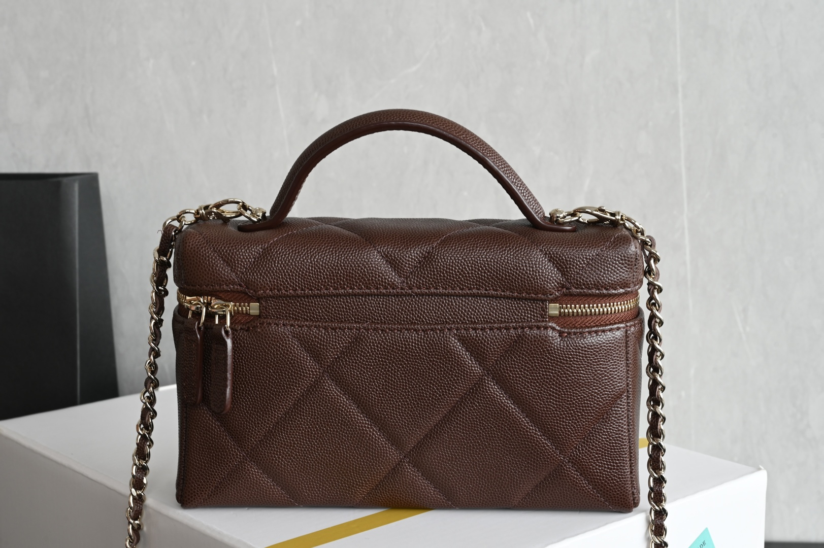 Small Vanity Case in Dark Brown Quilted Caviar Calfskin with Light Gold-Tone Hardware - Mocuir