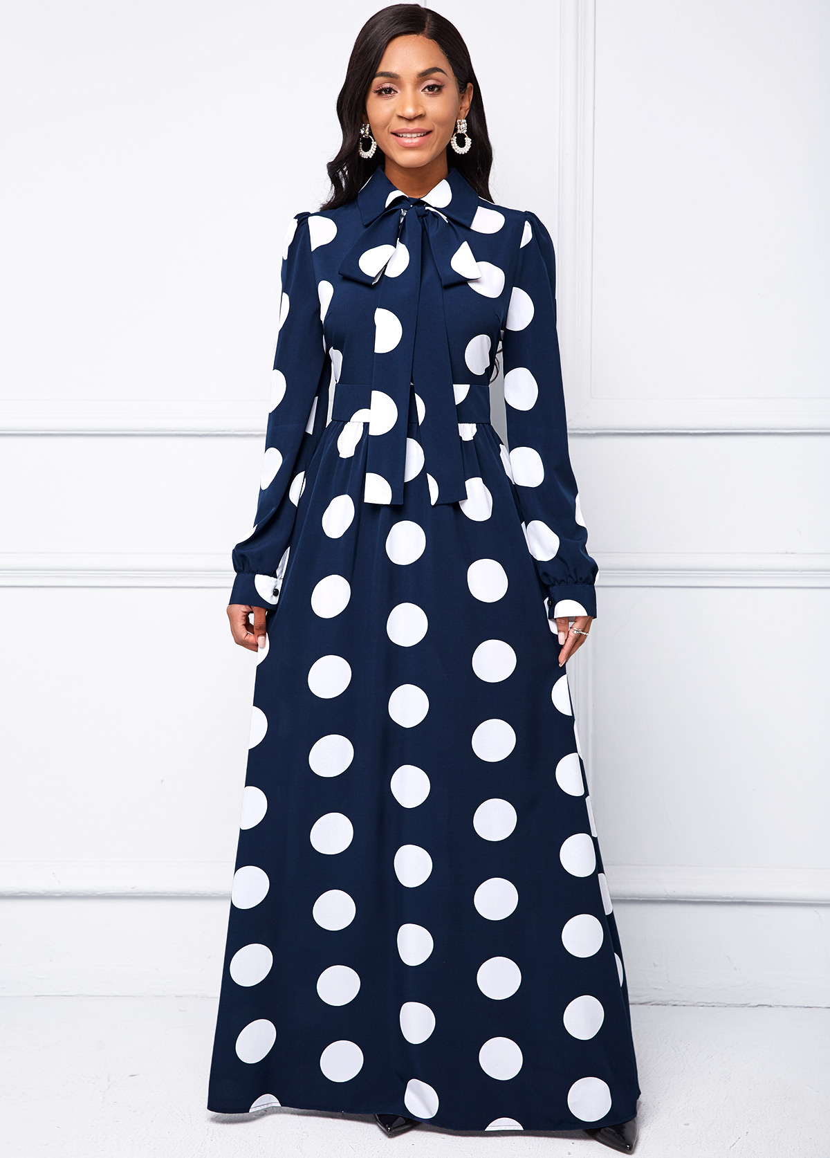 Long Sleeve Turndown Collar Polka Dot Dress