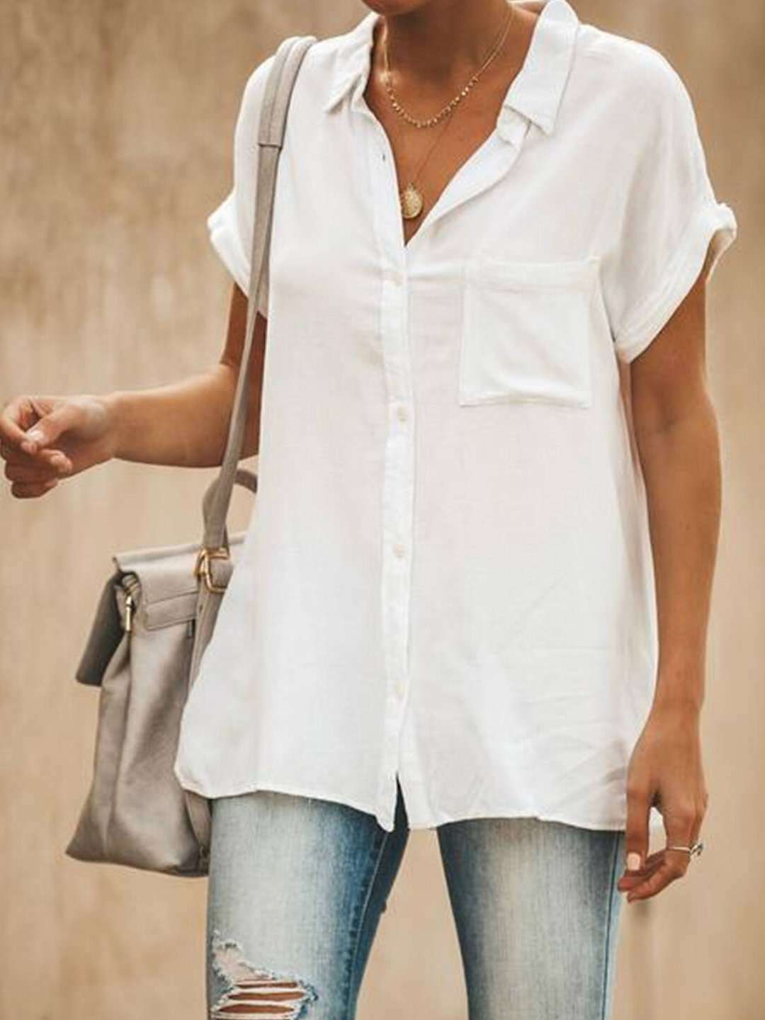 Relaxed Fit Collared Short Sleeves BUTTON DOWN TOP Shirt Blouse