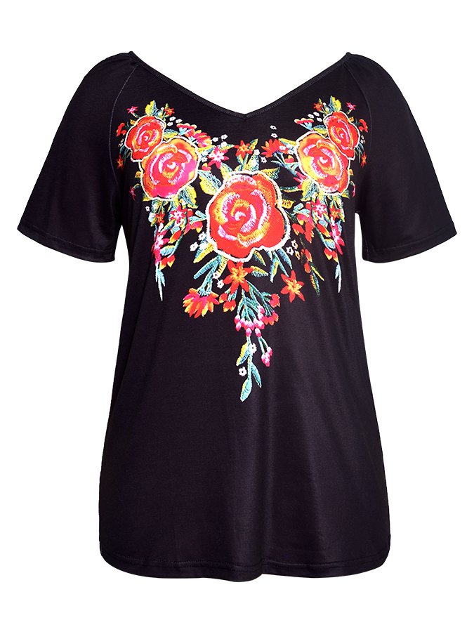 Black Short Sleeve Floral Shift Shirts & Tops