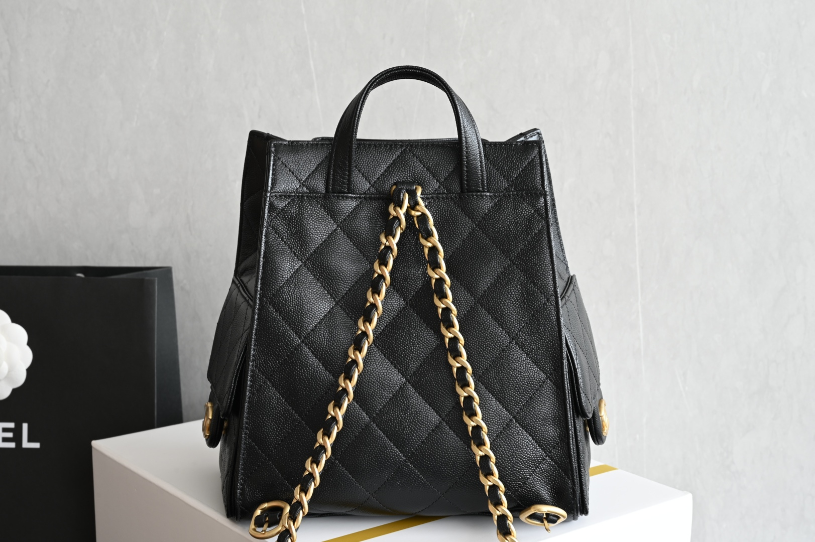 25 Medium Backpack in Black Grained Calfskin (Caviar) with Gold-Tone Hardware (Model AS5600) - Mocuir