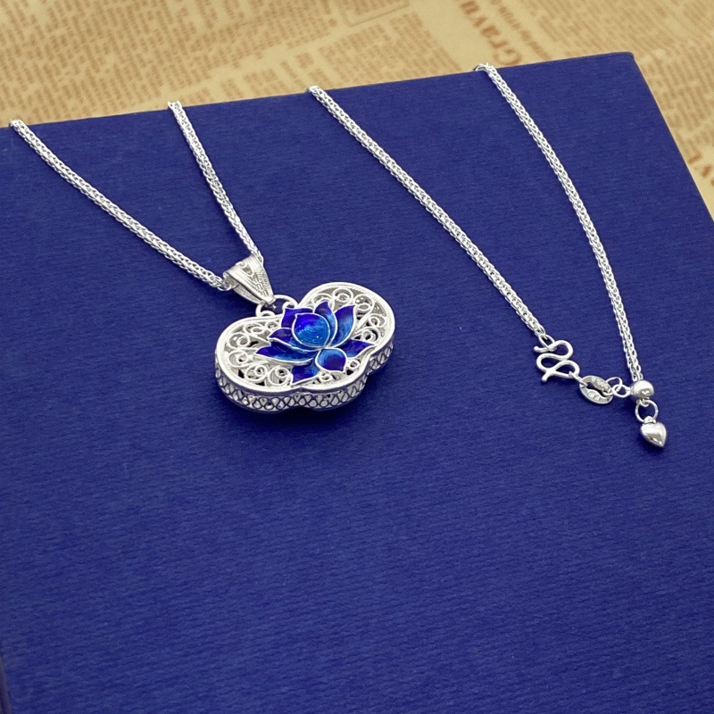 Filigree Cloisonné Chinese Style Lotus Lock 99 Pure Silver Necklace