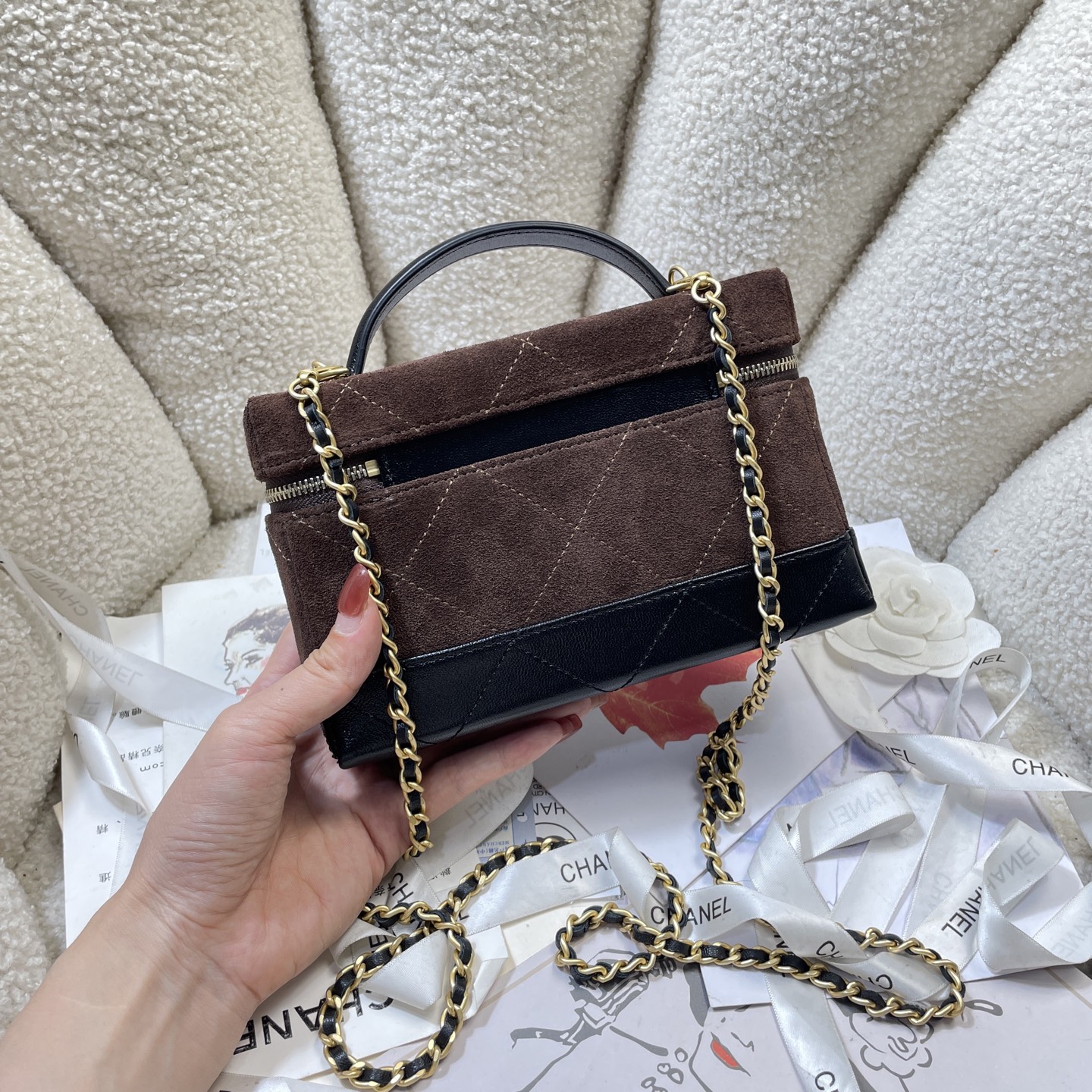 26S Slim Vanity Case with Chain in Dark Brown Suede & Black Lambskin with Gold-Tone Hardware - Mocuir