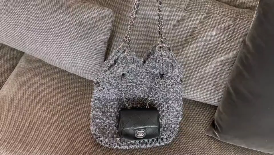 24C Black-Grey Knitted Mesh Tote Handbag with Attached Black Calfskin Mini Flap Bag and Silver-Tone Hardware - Mocuir