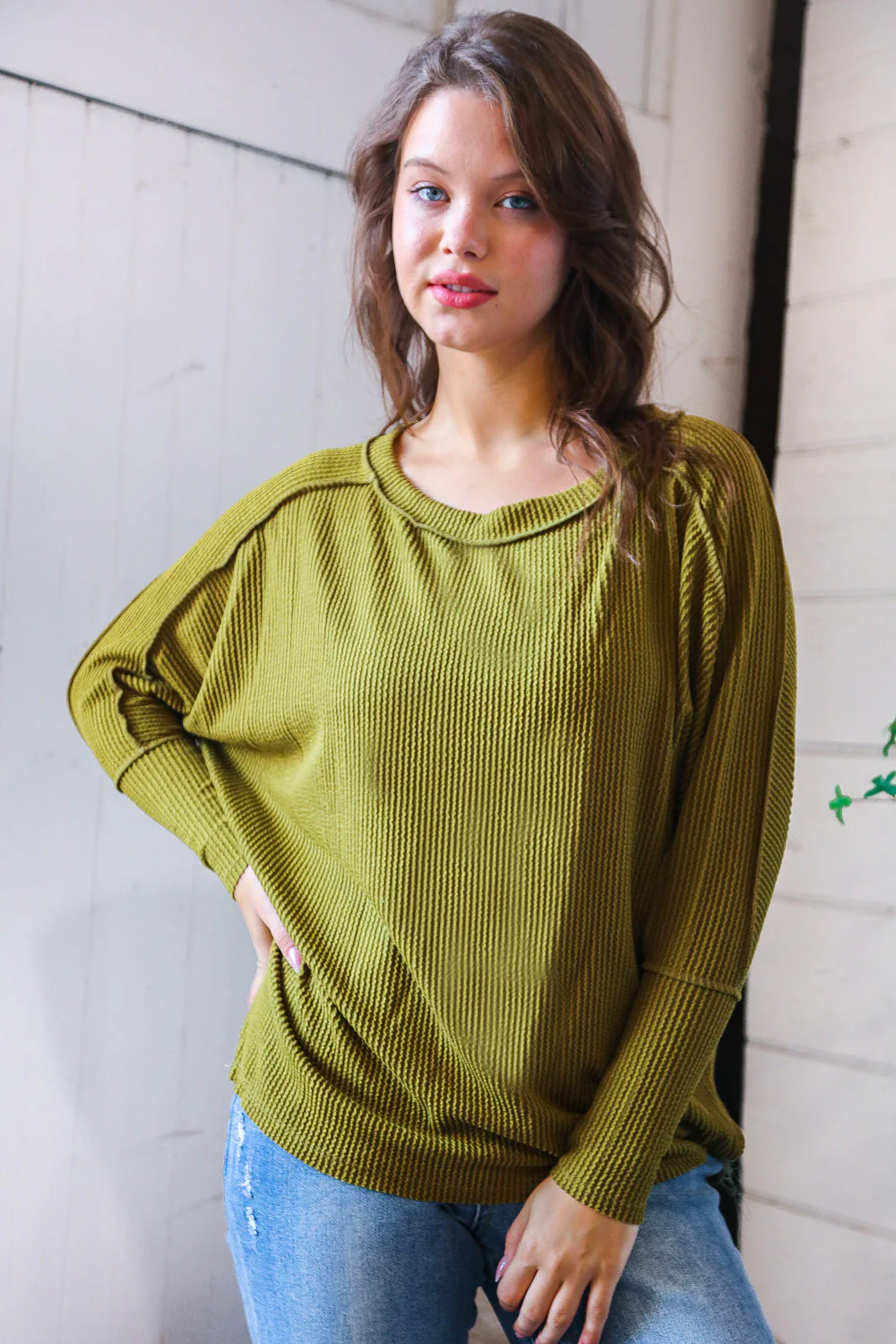 Meet You at the Bookstore Olive Ribbed Long Sleeve