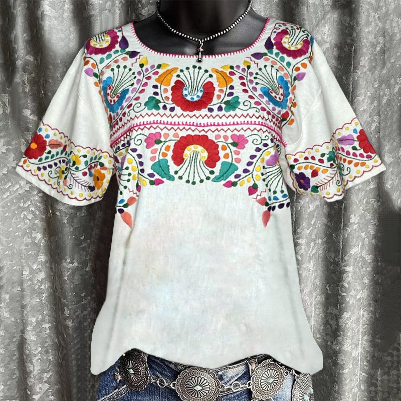 Flower short-sleeved white western graphic tees