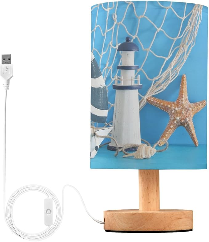 Table Lamp Nautical Sailboat Lighthouse Starfish Seashell Fishnet Blue Wood Nightstand Lamp