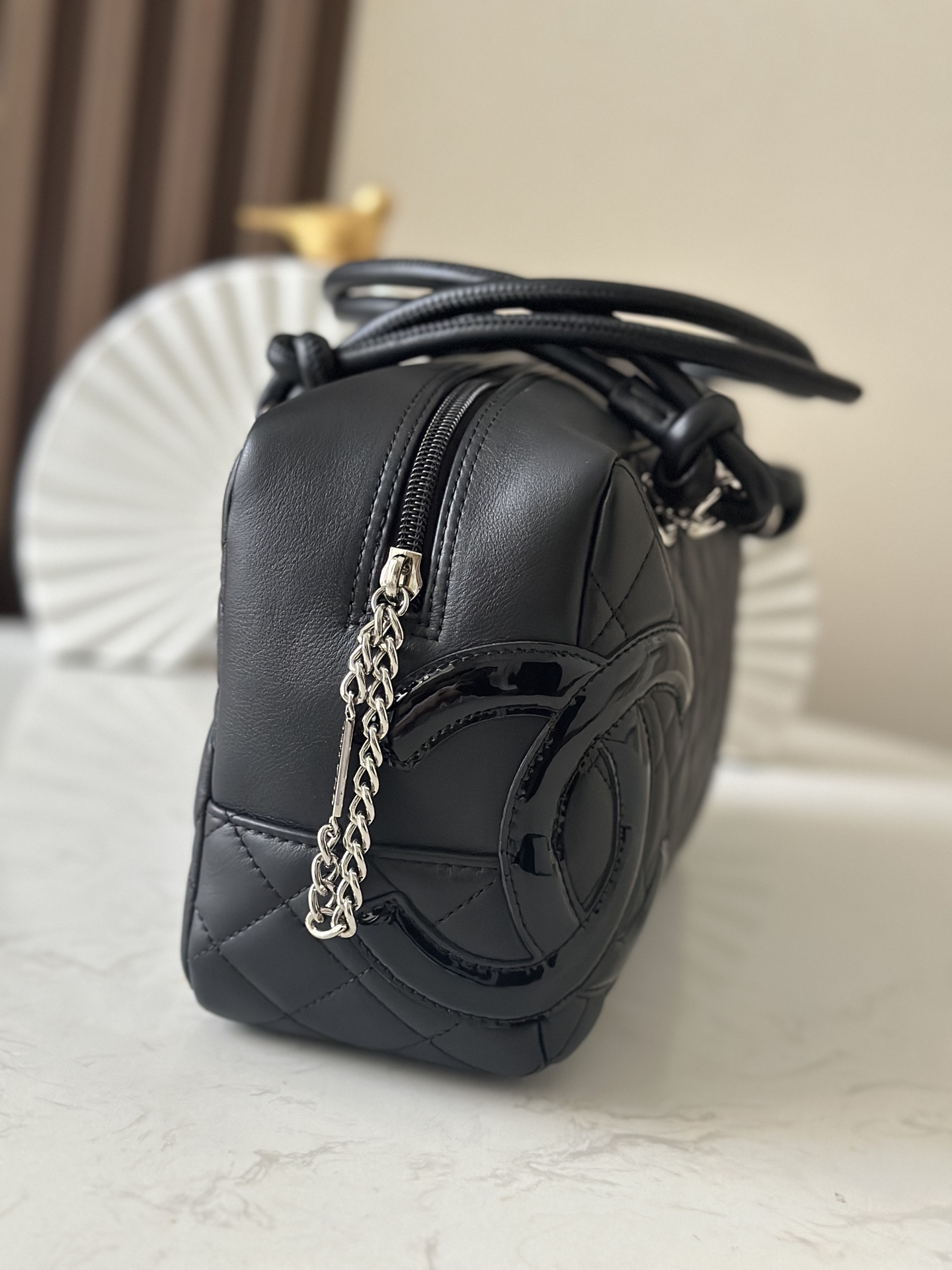 Black Quilted Cambon Bowling Bag with Silver Hardware - Mocuir