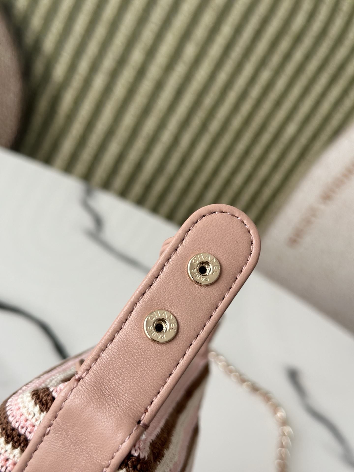 26P Cruise Mini Hobo Pouch with Chain in Pink/Brown/White Striped Crochet and Lambskin with Light Gold-Tone Hardware - Mocuir