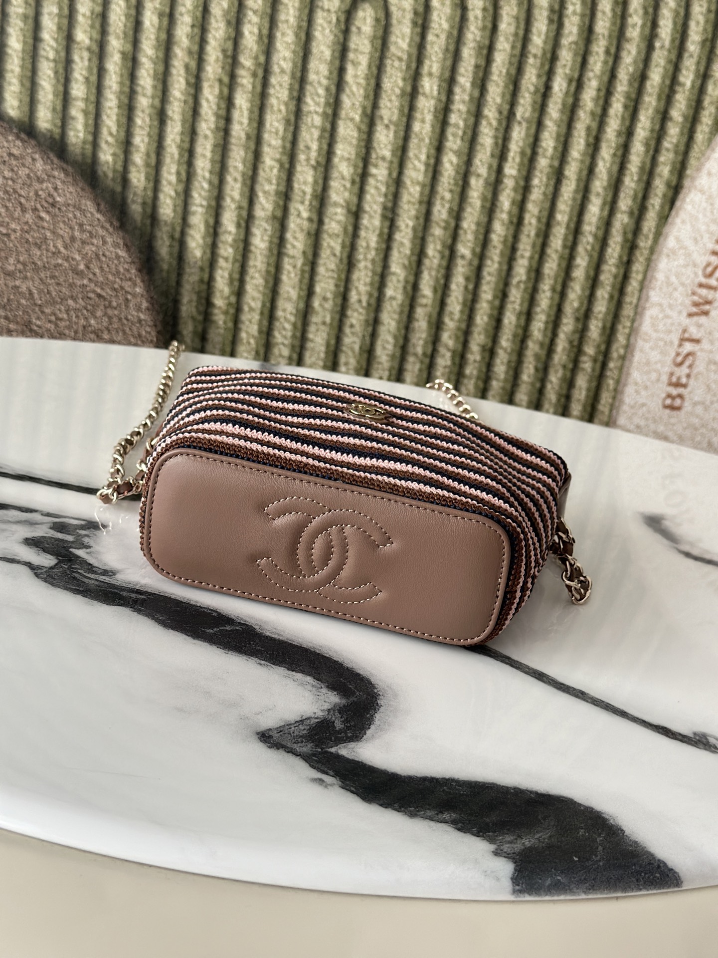 26P Cruise Mini Hobo Pouch with Chain in BrownPinkNavy Striped Crochet and Lambskin with Light Gold-Tone Hardware - Mocuir