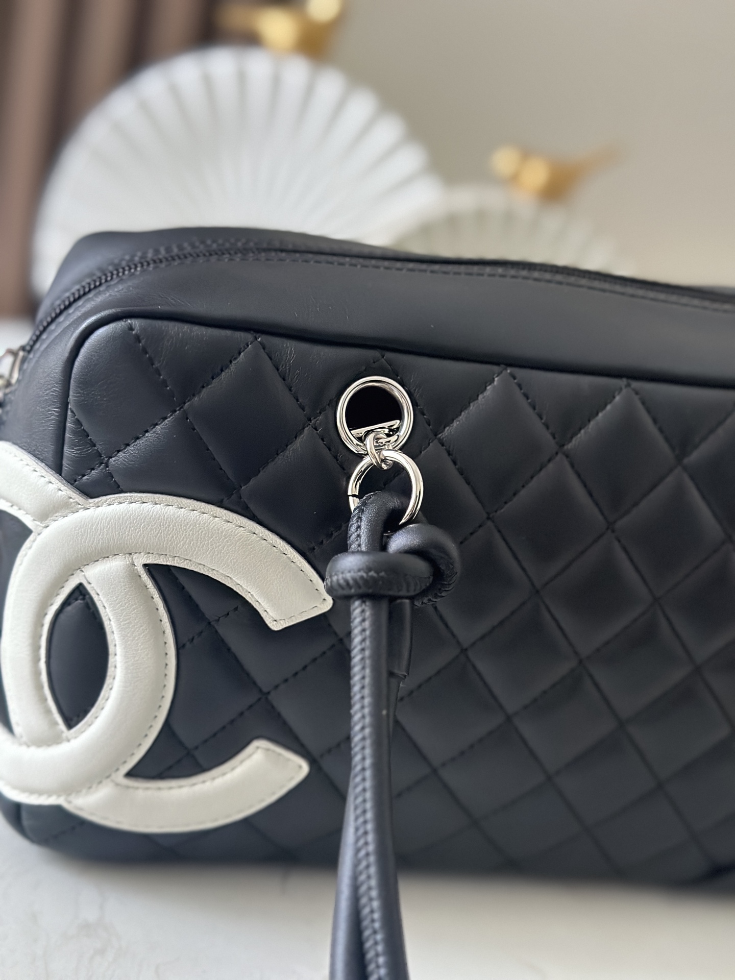 Black & White Quilted Cambon Bowling Bag with Silver Hardware - Mocuir