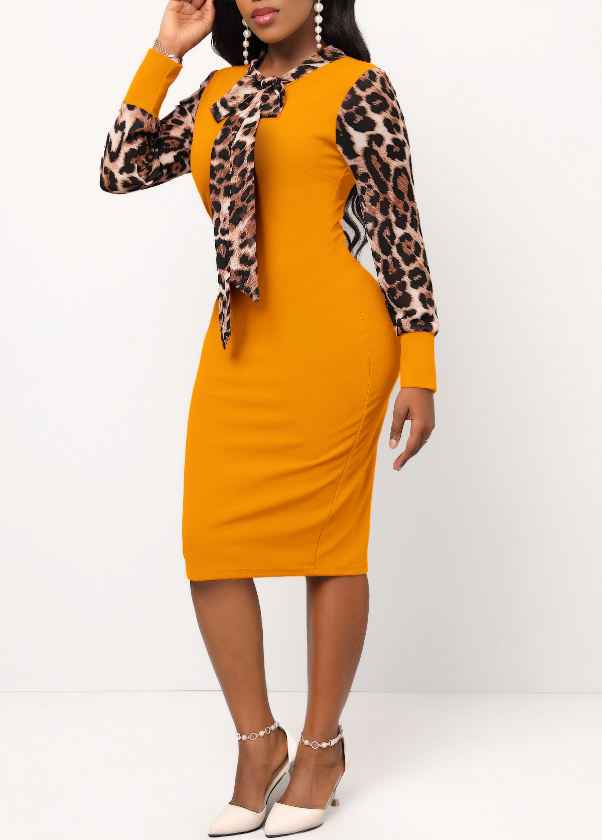 Leopard Tie Collar Long Sleeve Bodycon Dress