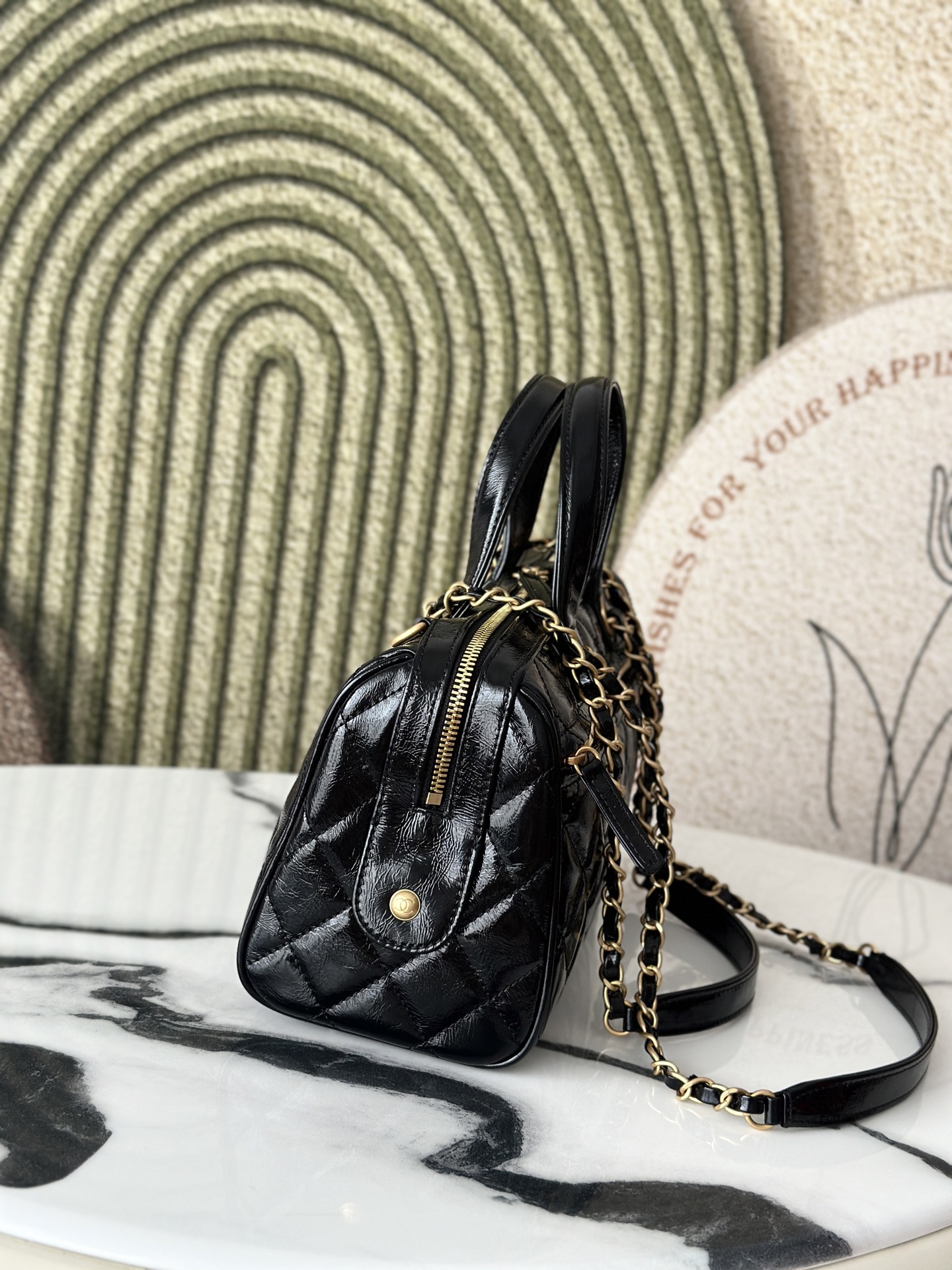 25A Black Oil Wax Calfskin Quilted Bowling Bag with Gold Hardware - Mocuir