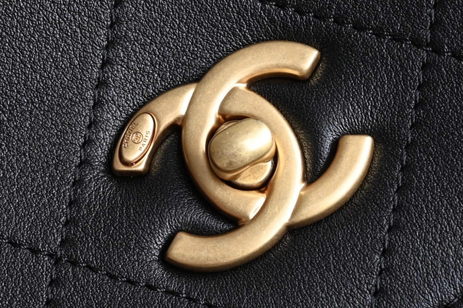 Top Handle Flap Bag (Handle Messenger Bag) in Black Quilted Calfskin with Light Gold-Tone Hardware - Mocuir