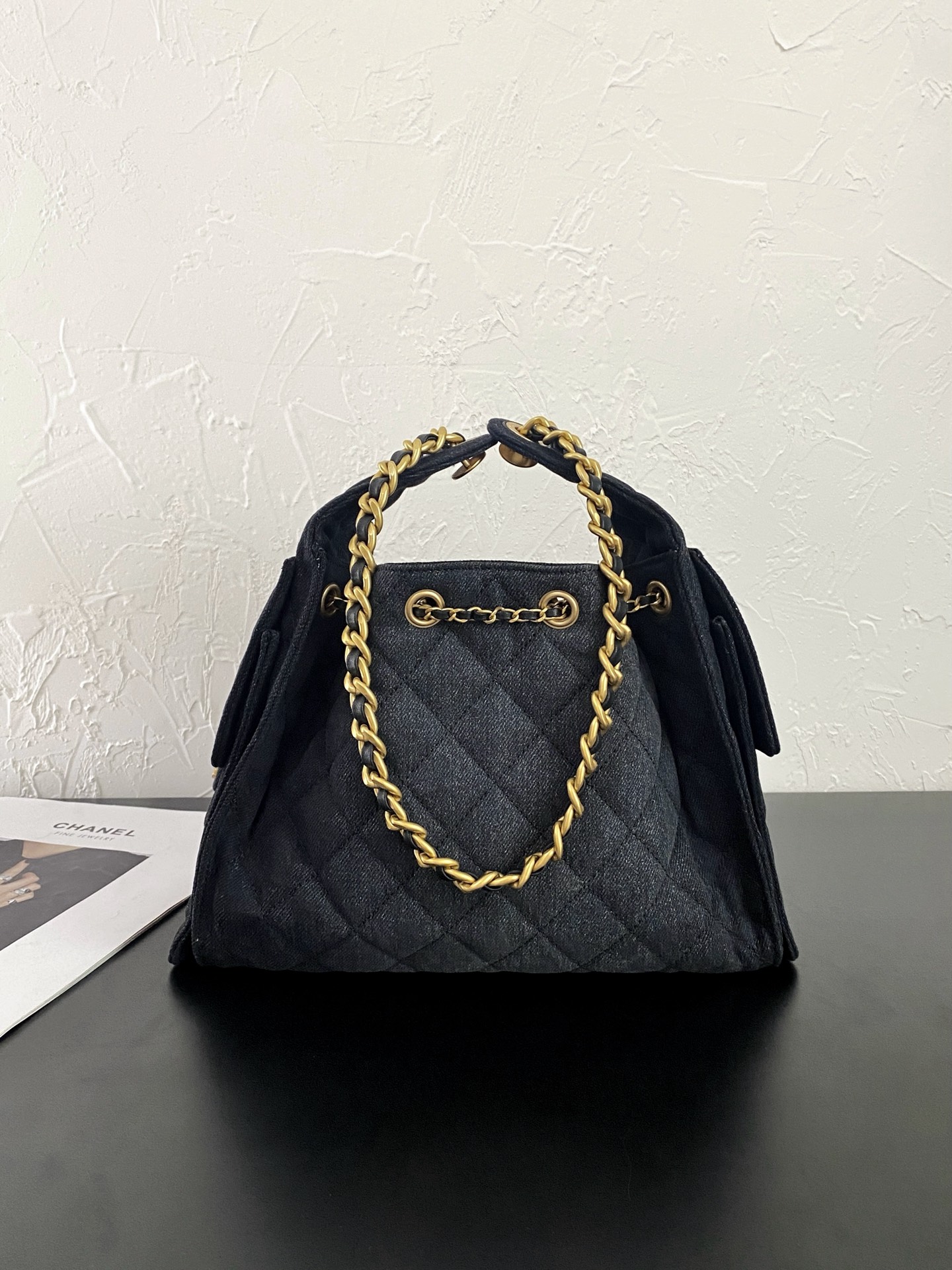 25K Quilted Denim Bucket Bag with Gold-Tone Hardware - Mocuir