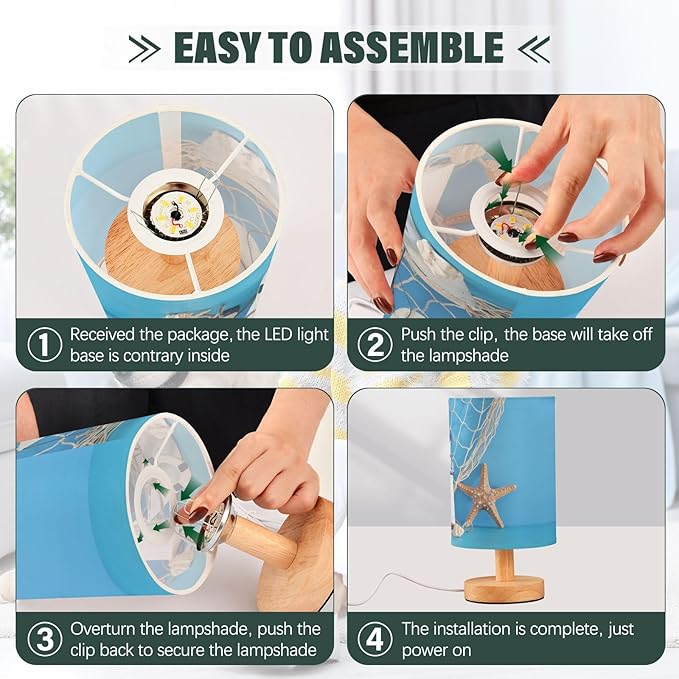 TWINKLETALE Table Lamp Nautical Sailboat Lighthouse Starfish Seashell Fishnet Blue Wood Nightstand Lamp