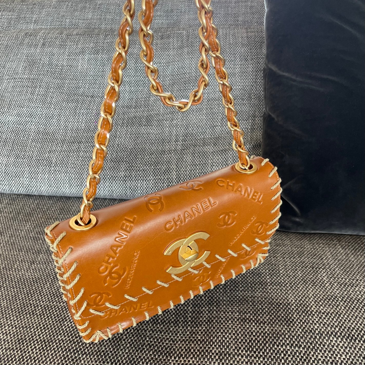 Vintage Caramel Brown Calfskin Leather CF Flap Bag with Embossed Chanel Logo & Whipstitch Trim - Mocuir