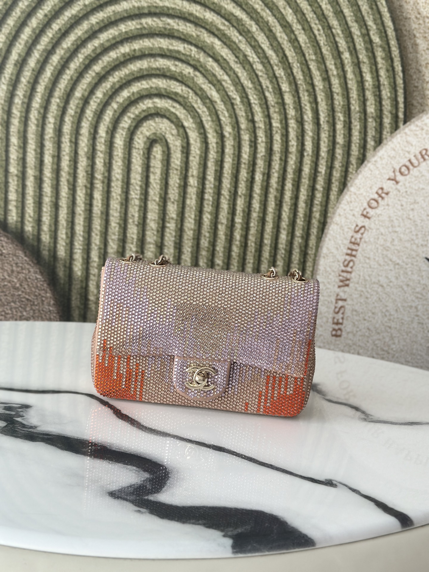 Classic Flap Mini Bag in Nude Plaid Strass Crystal Embellished Suede (Gold Hardware) - Mocuir