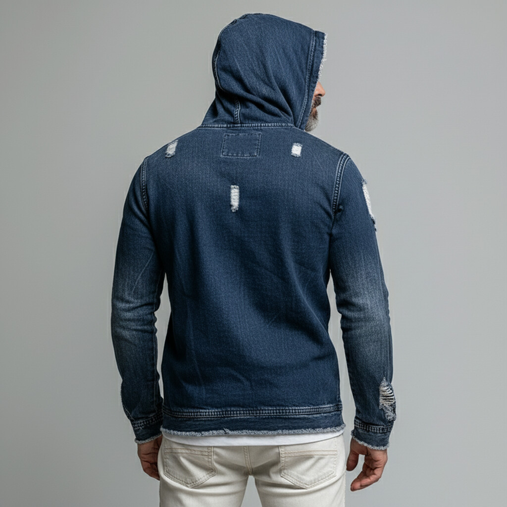 Men's Dark Blue Distressed Denim Ripped Kangaroo Pocket Long Sleeve Hoodie