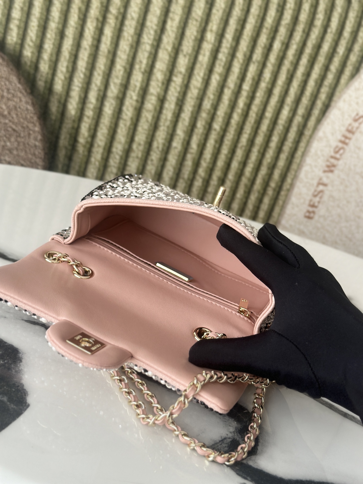 24C25C Small Classic Flap Bag in Sakura Pink Crystal & Pearl Embellished Lambskin with Leopard Pattern & Light Gold-Tone Hardware - Mocuir