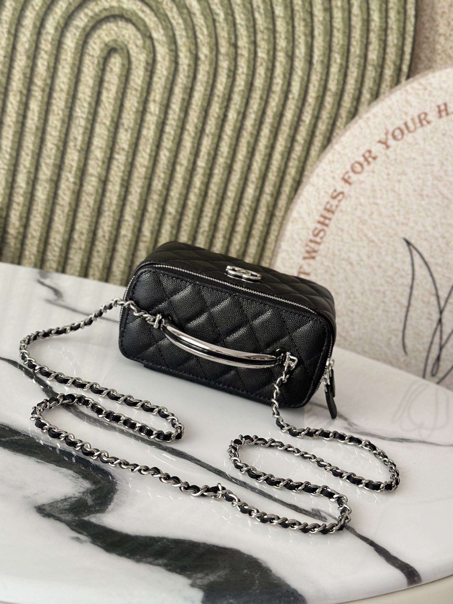 Black Caviar Quilted Vanity Case with Silver Metal Handle & Silver Hardware - Mocuir