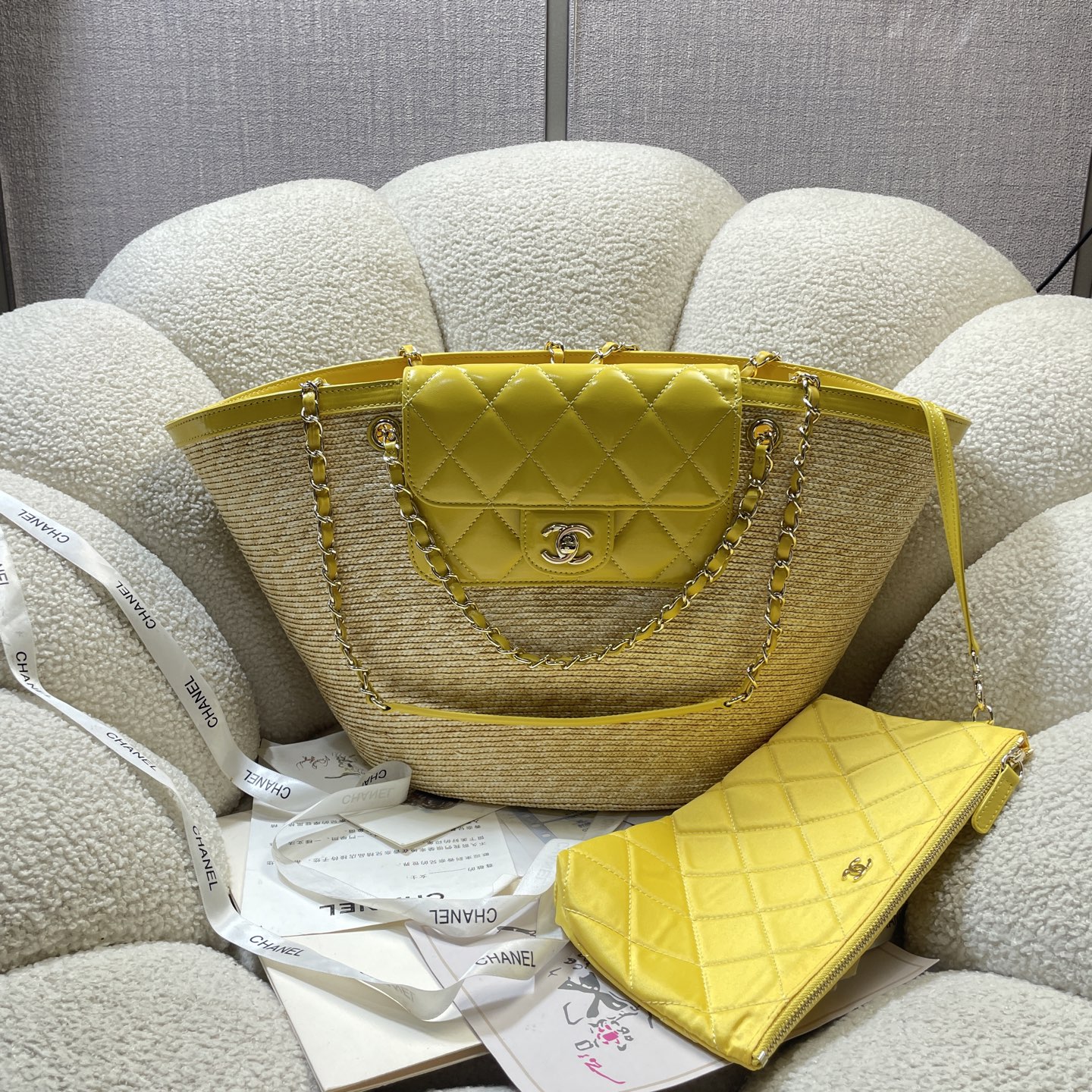 Large Straw & Lambskin Tote Bag with Pouch in Bright Yellow with Light Gold-Tone Hardware, 25C Cruise Collection - Mocuir