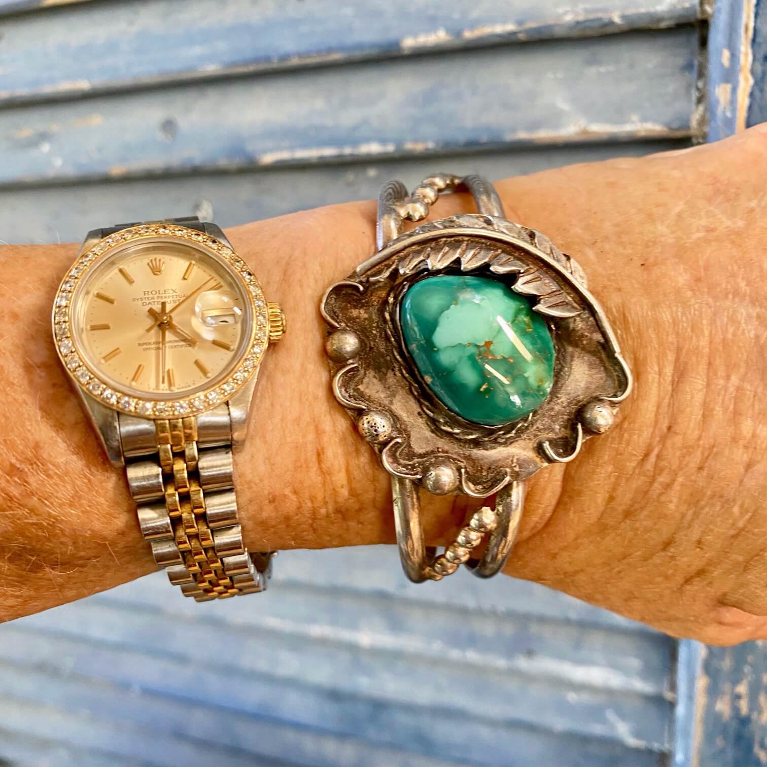 Mid-Century Navajo Sterling Silver Bracelet Bi-Colored Turquoise