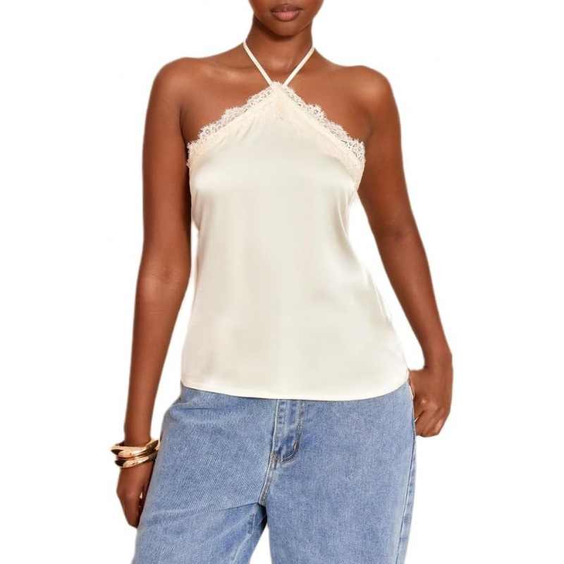 Women Lace Trim Halter Neck Tank Top