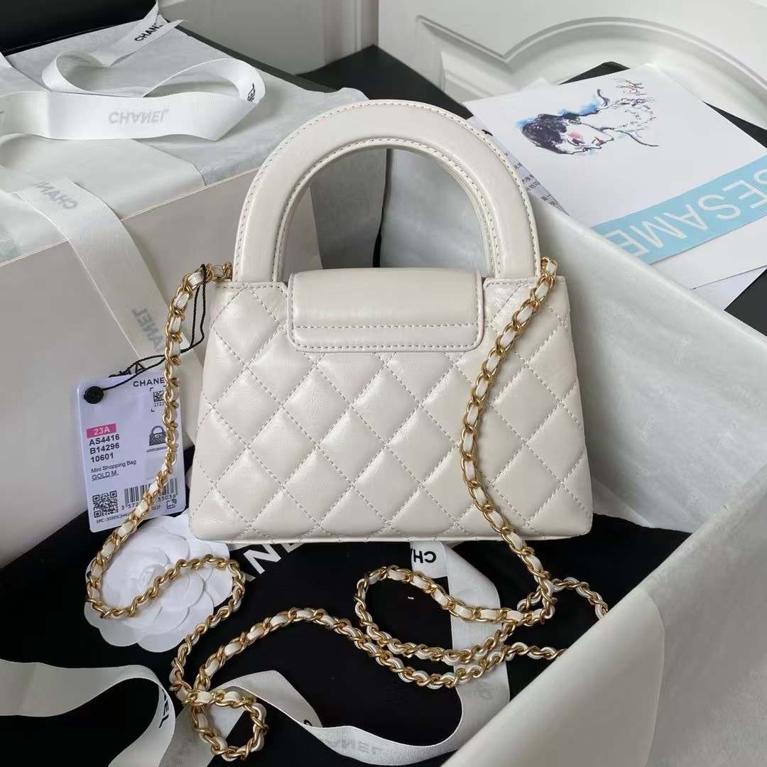 AS4416 Mini Shopping Bag Shiny Aged Calfskin Gold Tone Metal Off-White