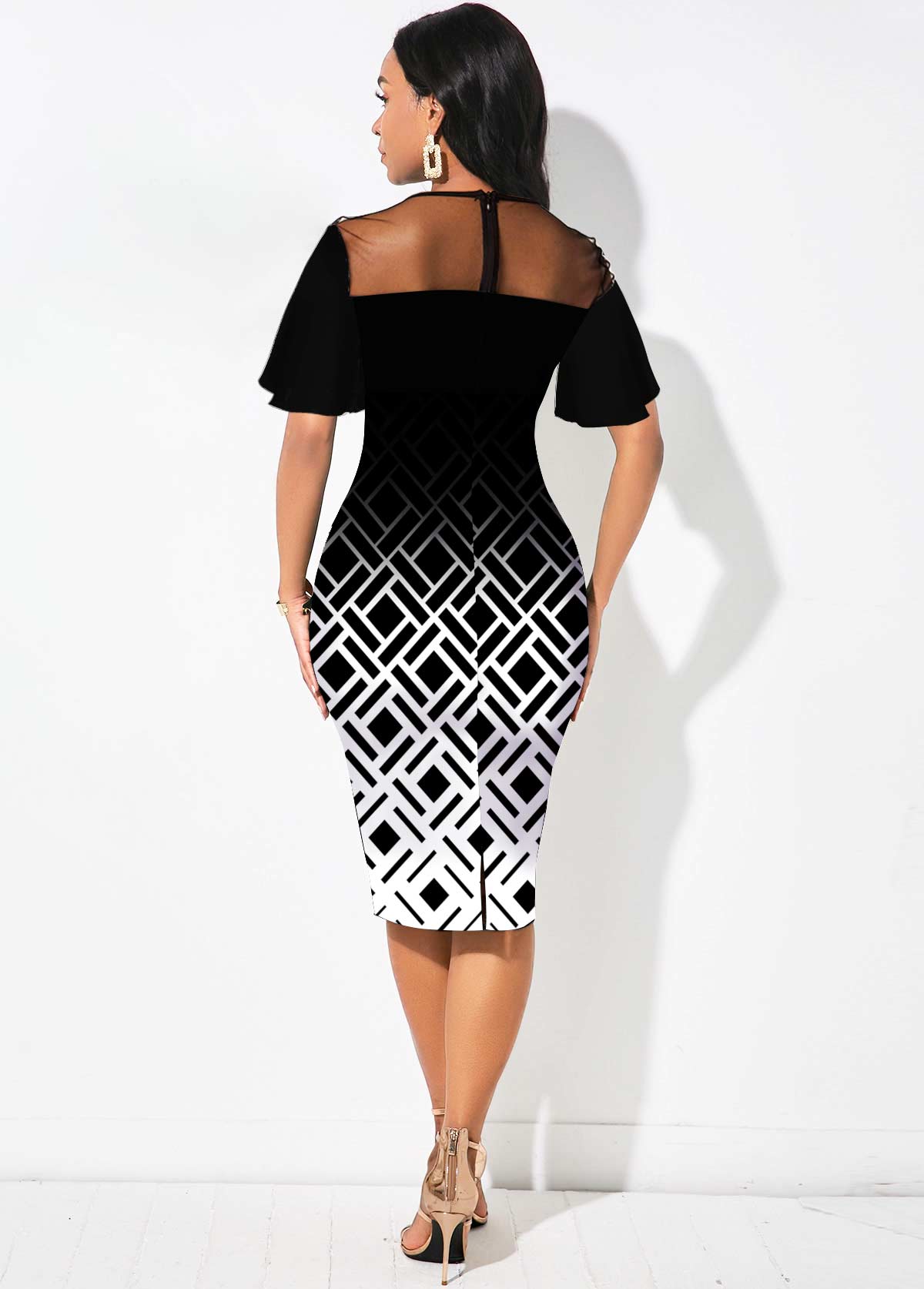 Geometric Print Ombre Short Sleeve Dress
