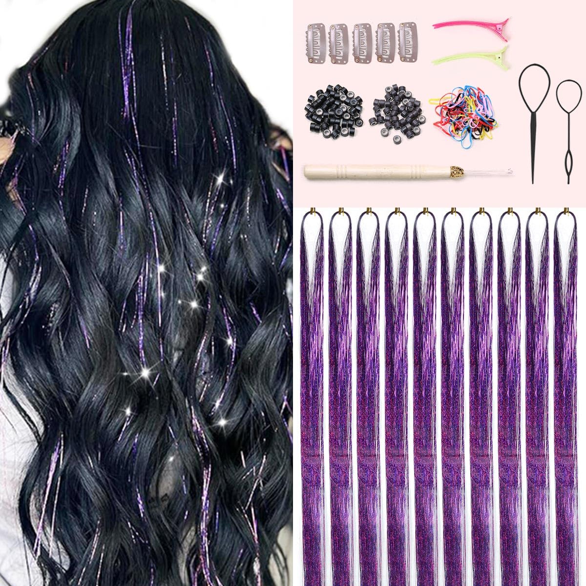 Purple Hair Tinsel Kit, 10 Packs Fairy Tinsel Hair Extensions for Teen Girls Heat Resistant Glitter Hair Accessories for Christmas New Year Halloween Cosplay Party(48 Inch)