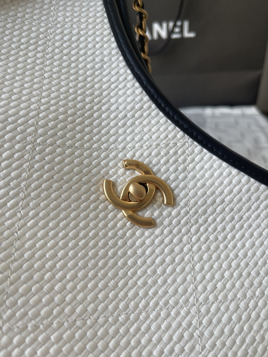 25C Woven Straw Large Tote Handbag with Black Calfskin Trim and Gold-Tone Hardware - Mocuir