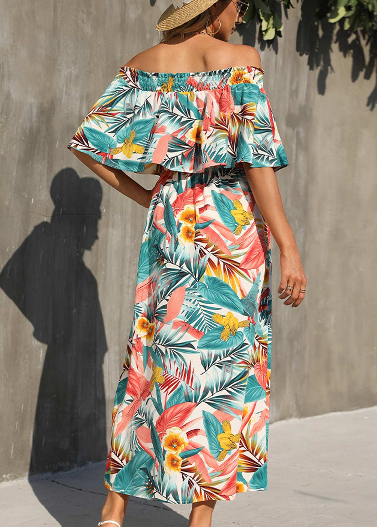 Multi Color Tropical Print Off Shoulder Dress