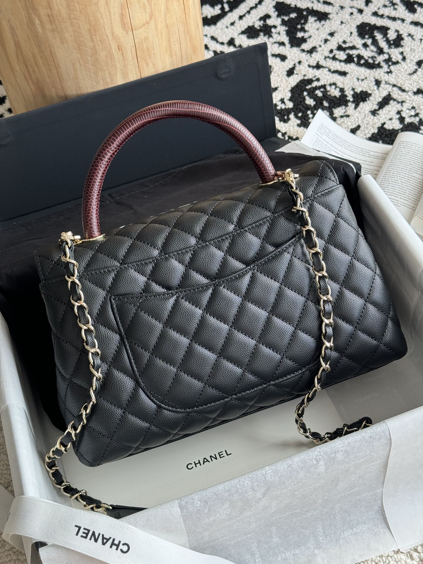 Small Coco Handle Flap Bag in Black Quilted Caviar Leather with Burgundy Lizard Handle and Light Gold-Tone Hardware - Mocuir