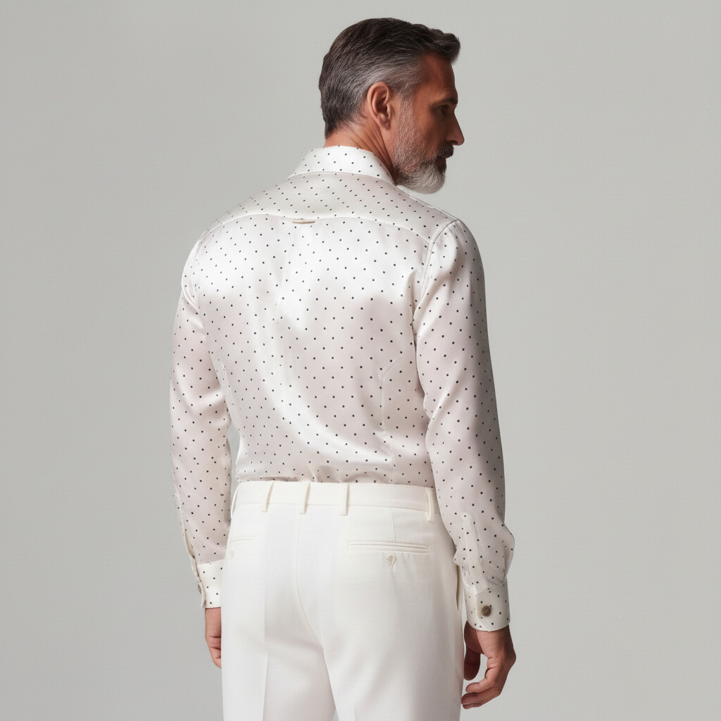 Men's White Polka Dot Satin Wrap Neck Double Breasted Long Sleeve Shirt