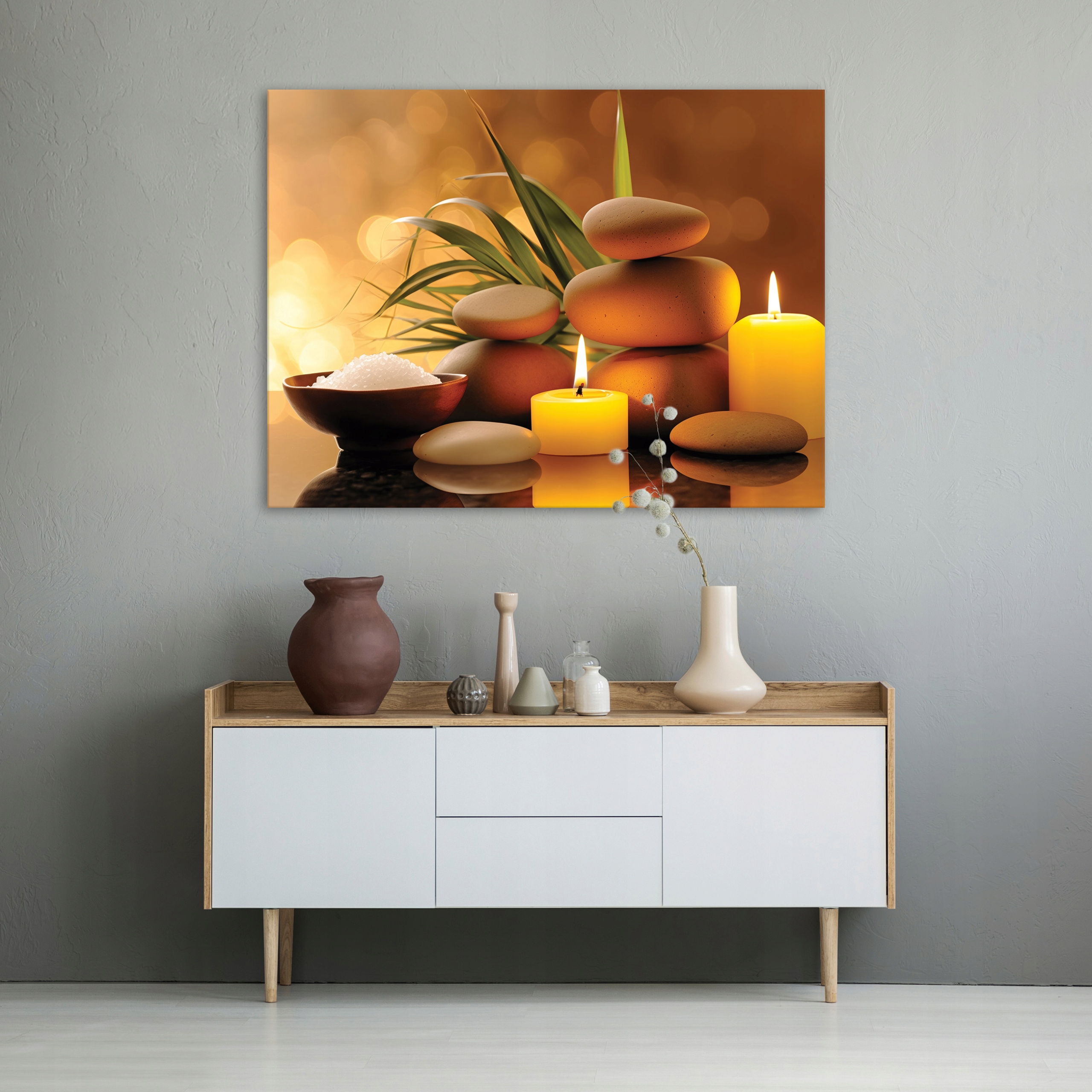 Canvas painting featuring spa stones and candles for the bedroom, living room, or massage spa (60x40)