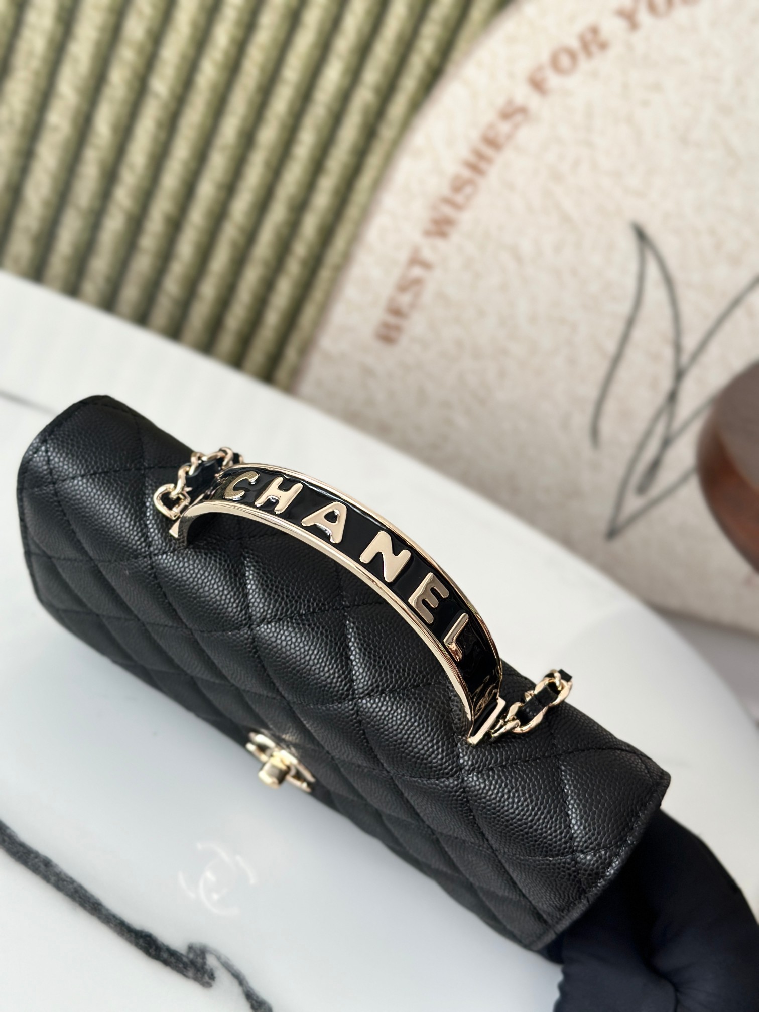 Wallet on Chain with Top Handle in Black Quilted Caviar Leather with Gold-Tone Hardware - Mocuir