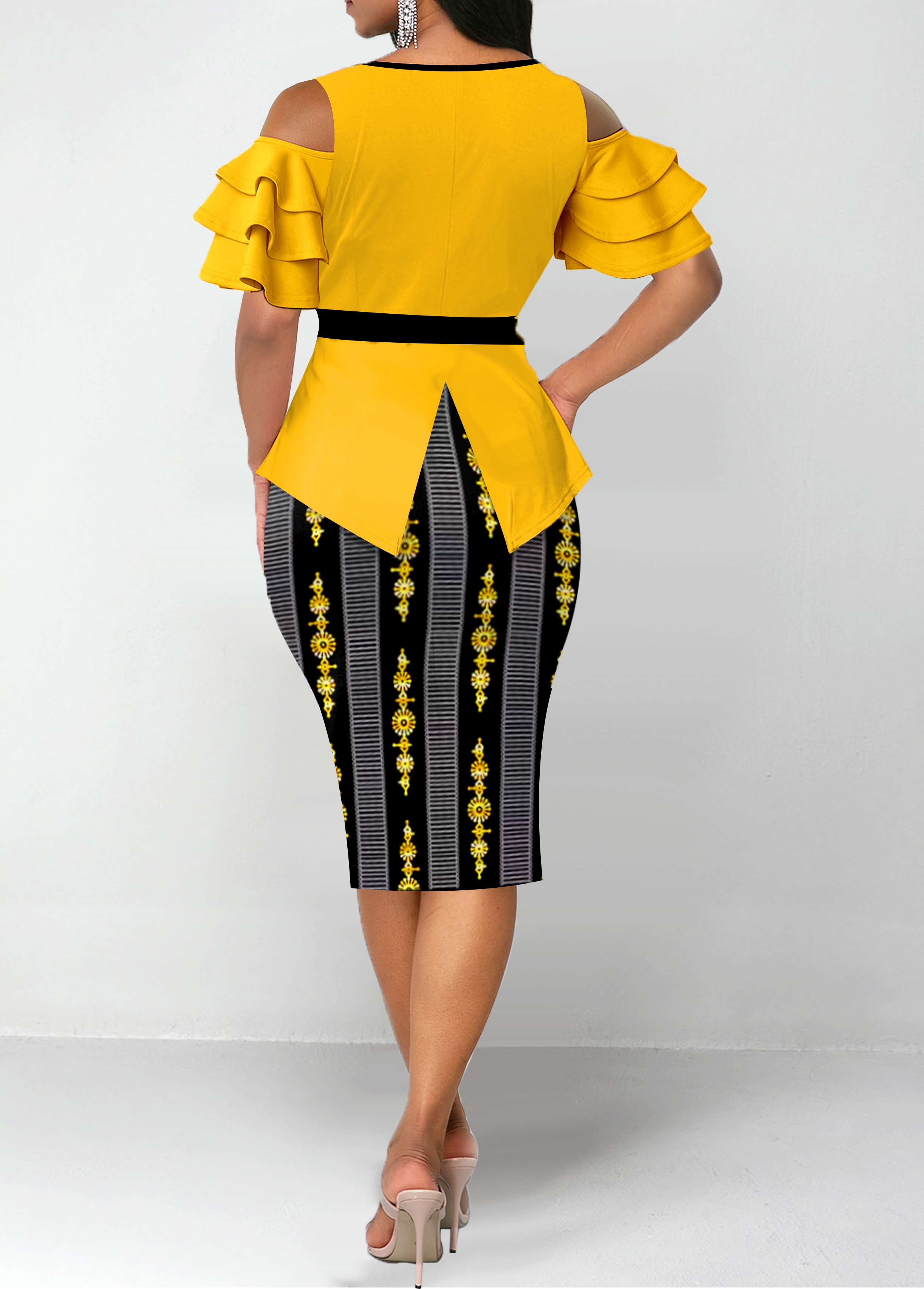 Cold Shoulder Belted Yellow V Neck Dress