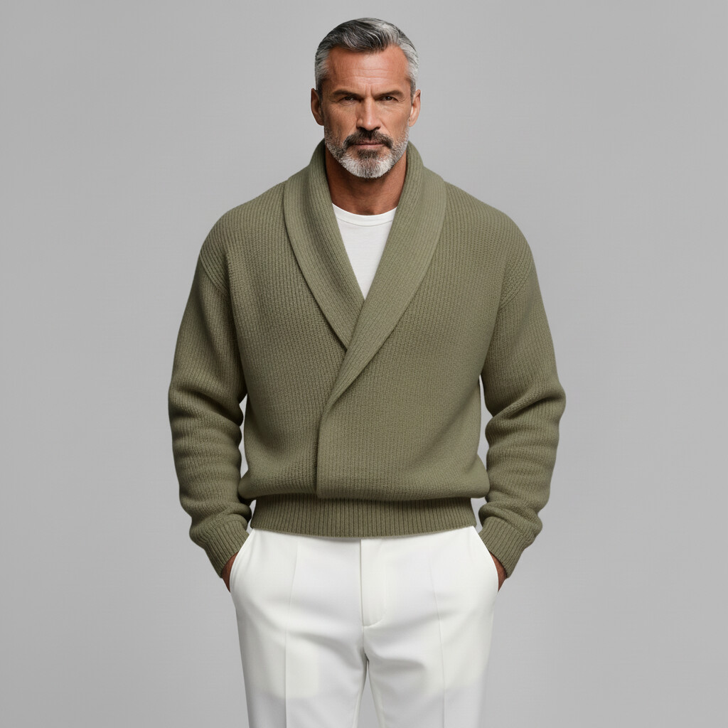 Men's Sage Green Shawl Lapel Wrap Long Sleeve Ribbed Knit Sweater