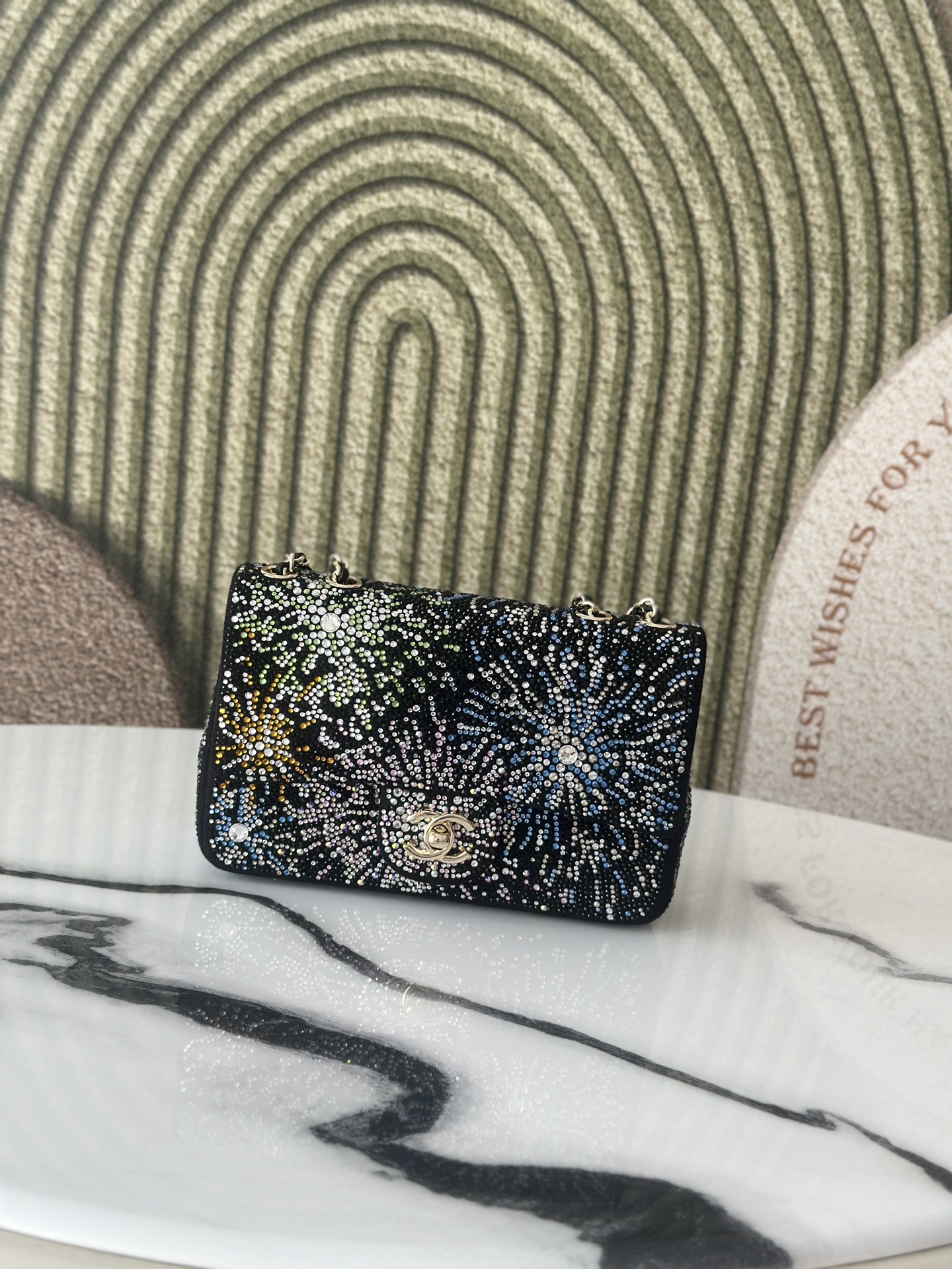 Classic Flap Mini Bag in Black Fireworks Strass Crystal Embellished Suede (Gold Hardware) - Mocuir