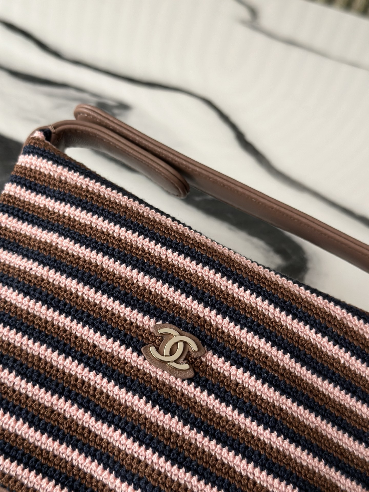 26P Cruise Mini Hobo Pouch with Chain in BrownPinkNavy Striped Crochet and Lambskin with Light Gold-Tone Hardware - Mocuir