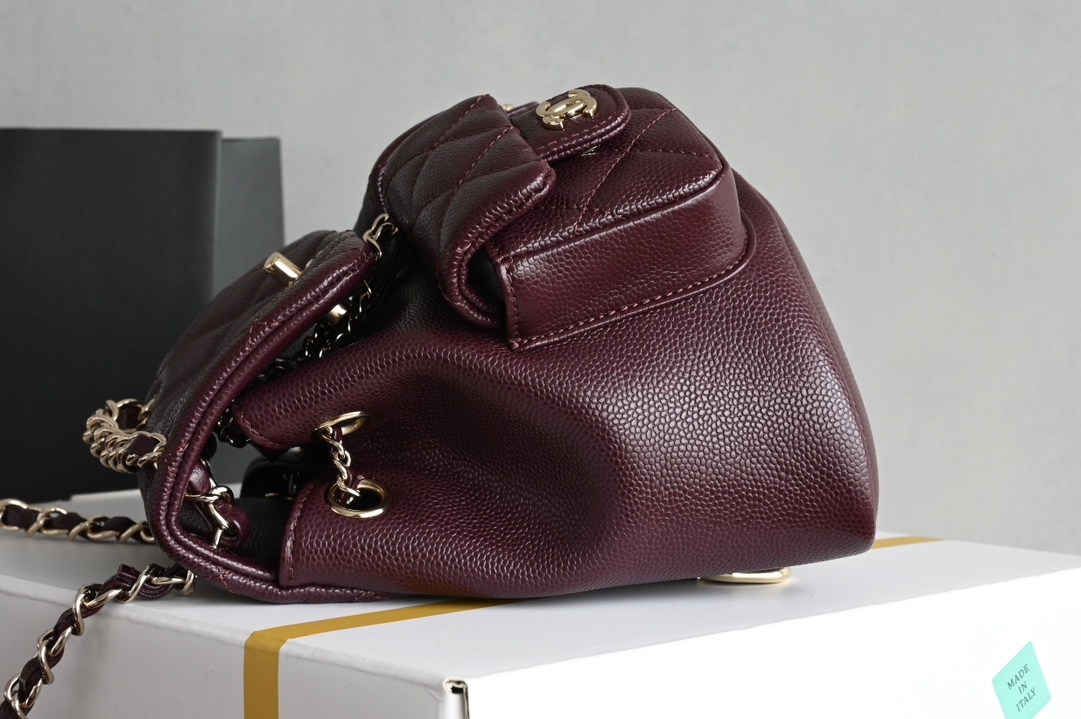 Duma Backpack in Dark Burgundy Quilted Shiny Caviar Leather with Light Gold-Tone Metal (Model AS3856) - Mocuir