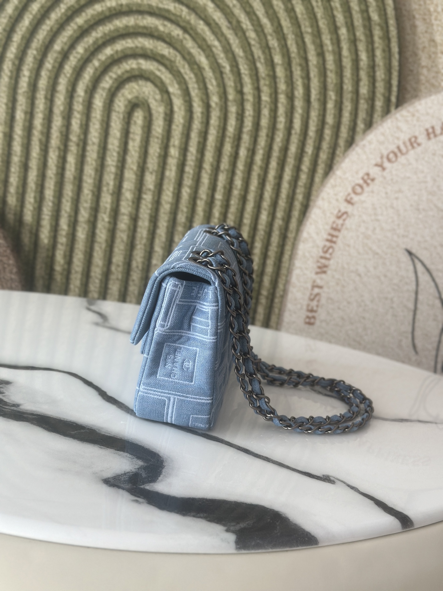 Classic Single Flap Bag in Light Blue Denim with Perfume Bottle Print (Silver Hardware) - Mocuir