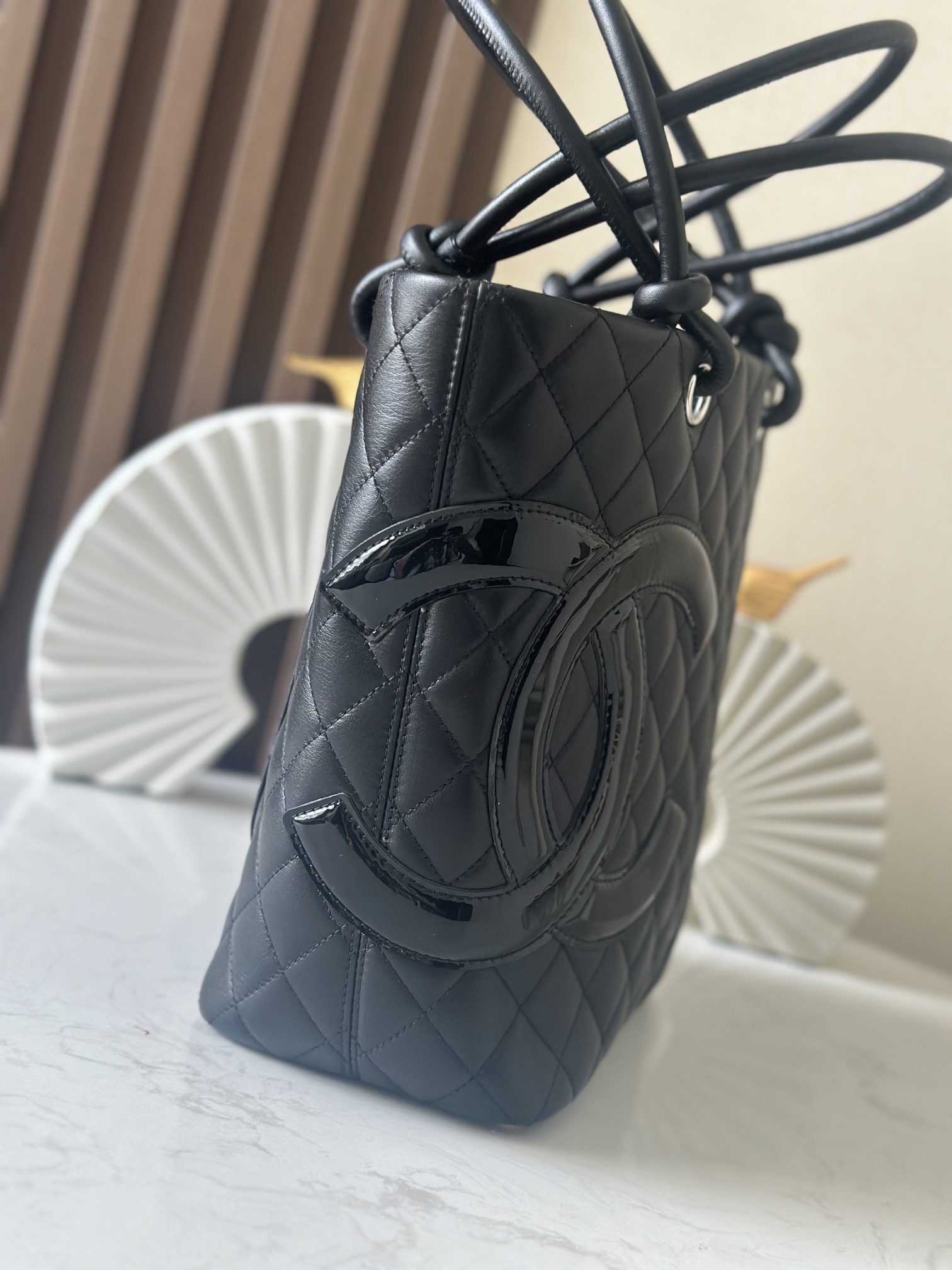 Black Quilted Cambon Small Tote Bag with Patent CC Logo - Mocuir