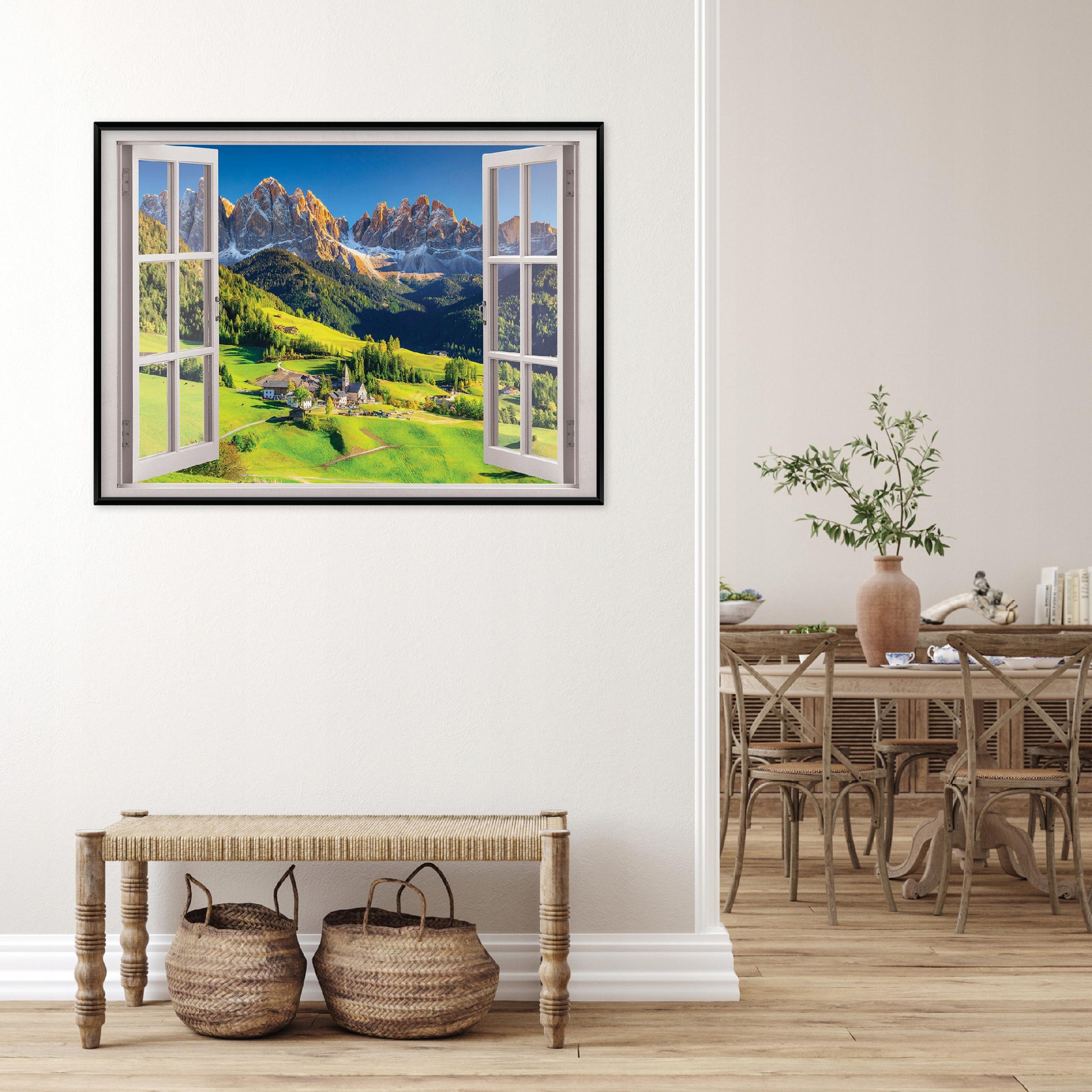 Black framed canvas painting, 3D window, mountains, nature, living room, bedroom, 100x70